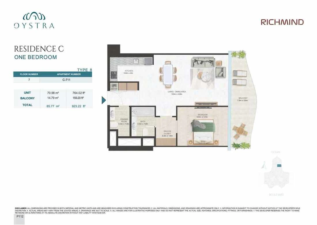 Oystra 1-bedroom Type 8 apartment, Apartment C-711, Floor 7, Residence C, 923.22 sq ft floor plan.