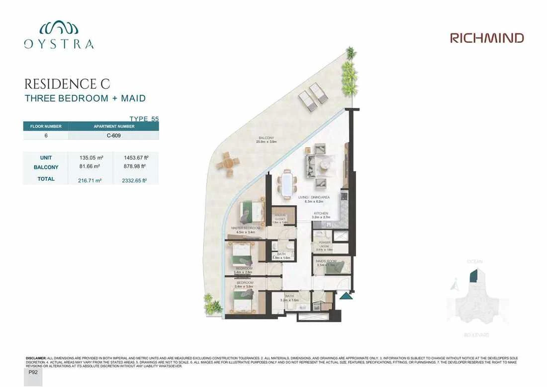 Oystra 3-bedroom Type 55 apartment with maid's room, Apartment C-609, Floor 6, Residence C, 2,332.65 sq ft floor plan.