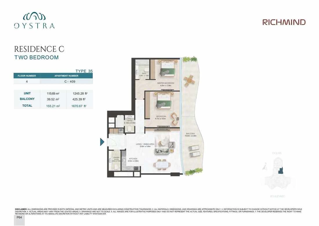Oystra 2-bedroom Type 35 apartment, Apartment C-409, Floor 4, Residence C, 1,670.67 sq ft floor plan.