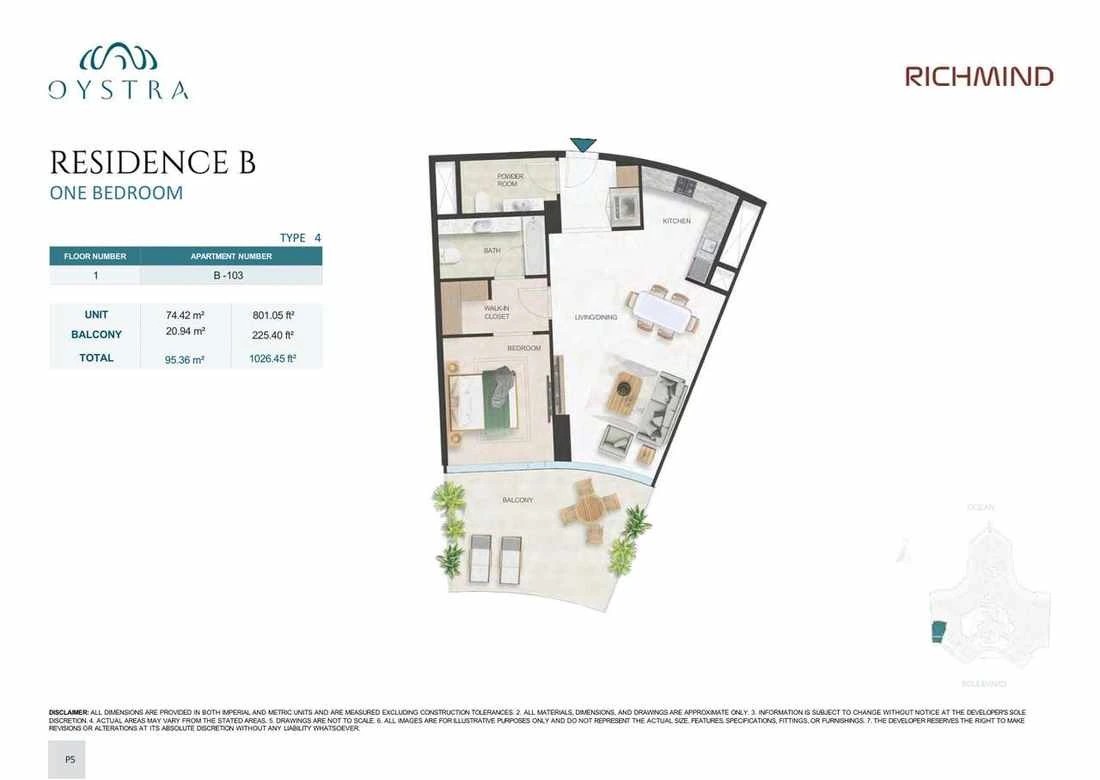 Oystra 1-bedroom Type 4 apartment, Apartment B-103, Floor 1, Residence B, 1,026.45 sq ft floor plan.