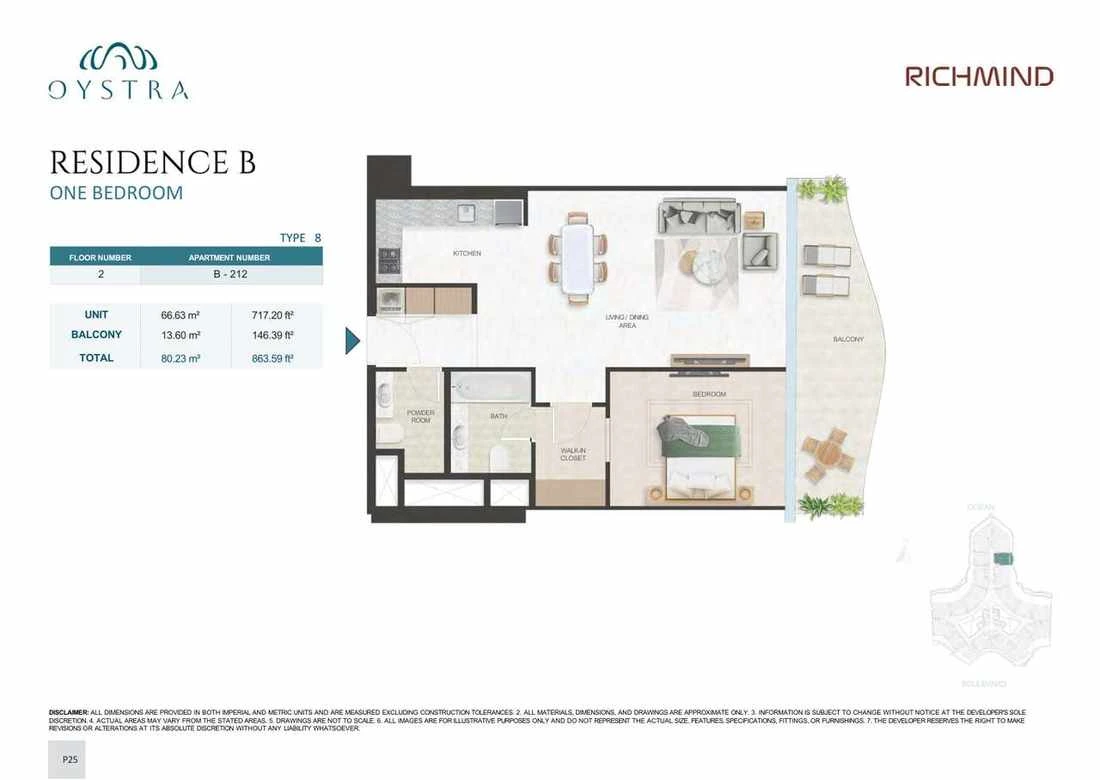 Oystra 1-bedroom Type 8 apartment, Apartment B-212, Floor 2, Residence B, 863.59 sq ft floor plan.