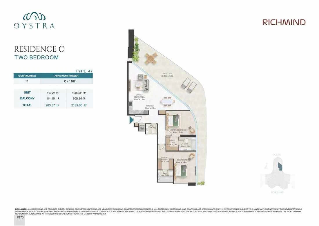 Oystra 2-bedroom Type 47 apartment, Apartment C-1107, Floor 11, Residence C, 2,189.06 sq ft floor plan.