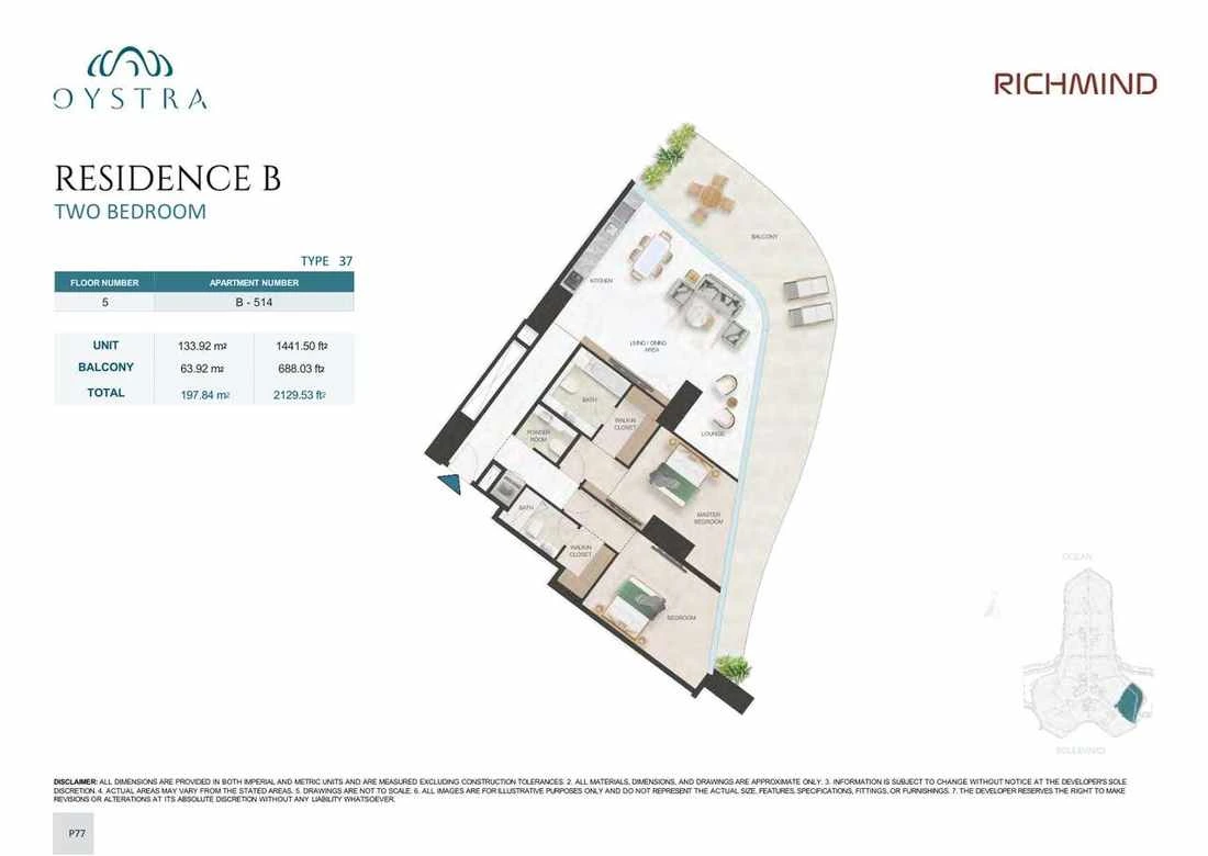 Oystra 2-bedroom Type 37 apartment, Apartment B-514, Floor 5, Residence B, 2,129.53 sq ft floor plan.