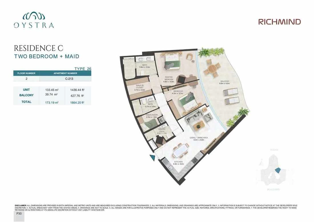 Oystra 2-bedroom Type 26 apartment with maid's room, Apartment C-213, Floor 2, Residence C, 1,864.20 sq ft floor plan.