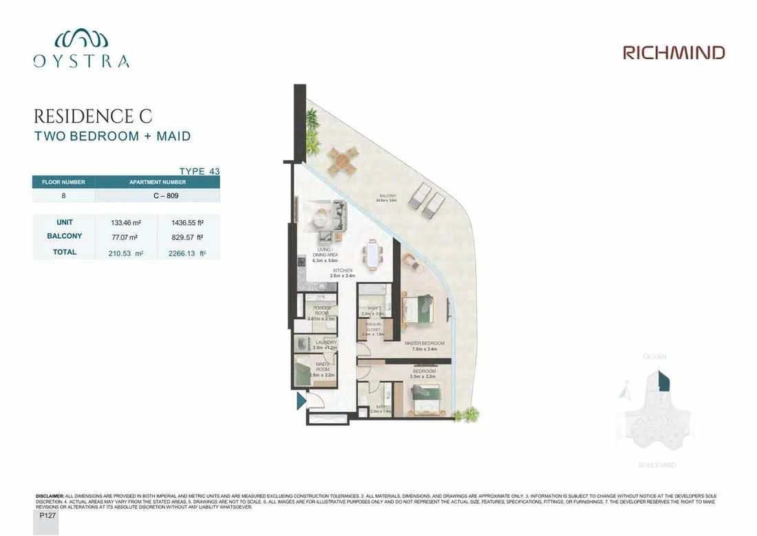 Oystra 2-bedroom Type 43 apartment with maid's room, Apartment C-809, Floor 8, Residence C, 2,266.13 sq ft floor plan.