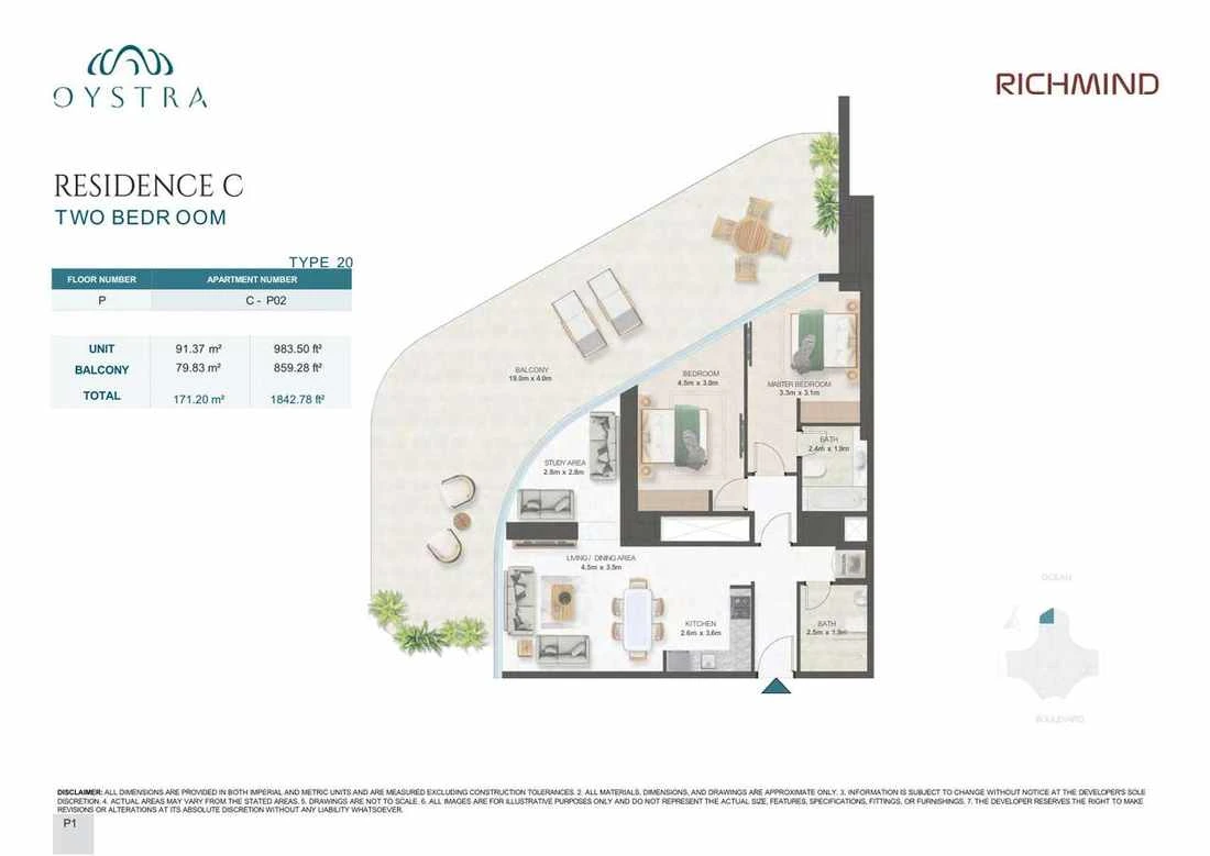 Oystra 2-bedroom Type 20 apartment, Apartment C-P02, Podium, Residence C, 1,842.78 sq ft floor plan.