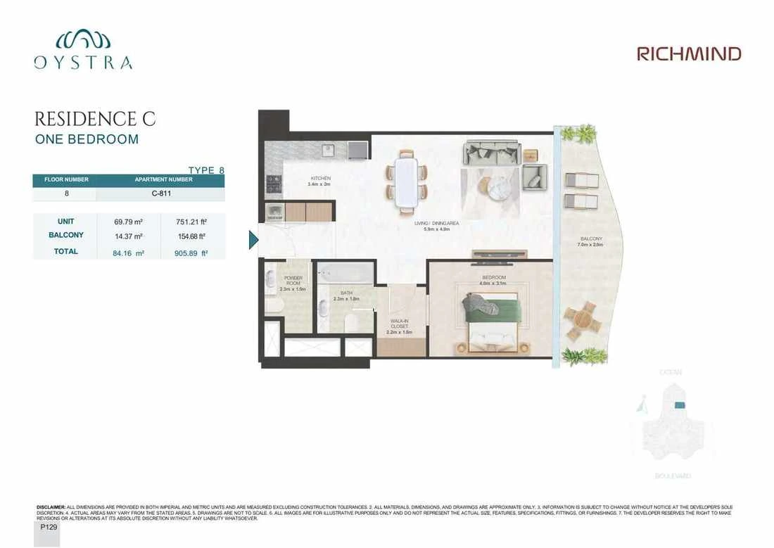 Oystra 1-bedroom Type 8 apartment, Apartment C-811, Floor 8, Residence C, 905.89 sq ft floor plan.