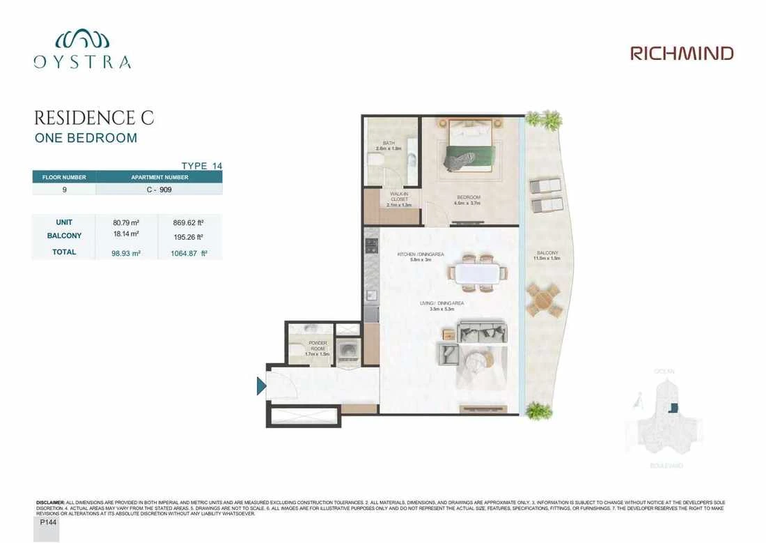 Oystra 1-bedroom Type 14 apartment, Apartment C-909, Floor 9, Residence C, 1,064.87 sq ft floor plan.