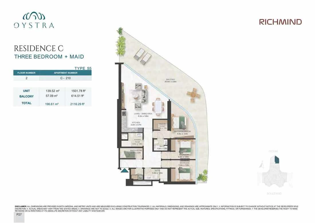 Oystra 3-bedroom Type 55 apartment with maid's room, Apartment C-210, Floor 2, Residence C, 2,116.29 sq ft floor plan.