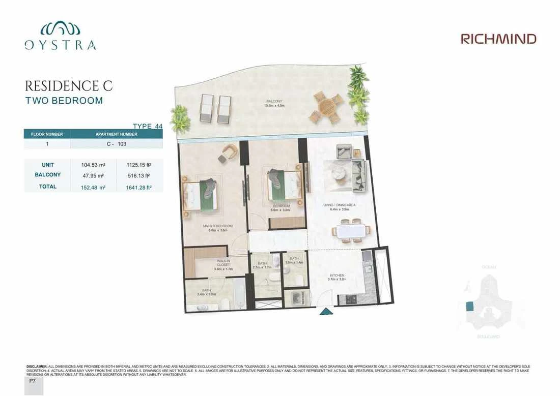 Oystra 2-bedroom Type 44 apartment, Apartment C-103, Floor 1, Residence C, 1,641.28 sq ft floor plan.