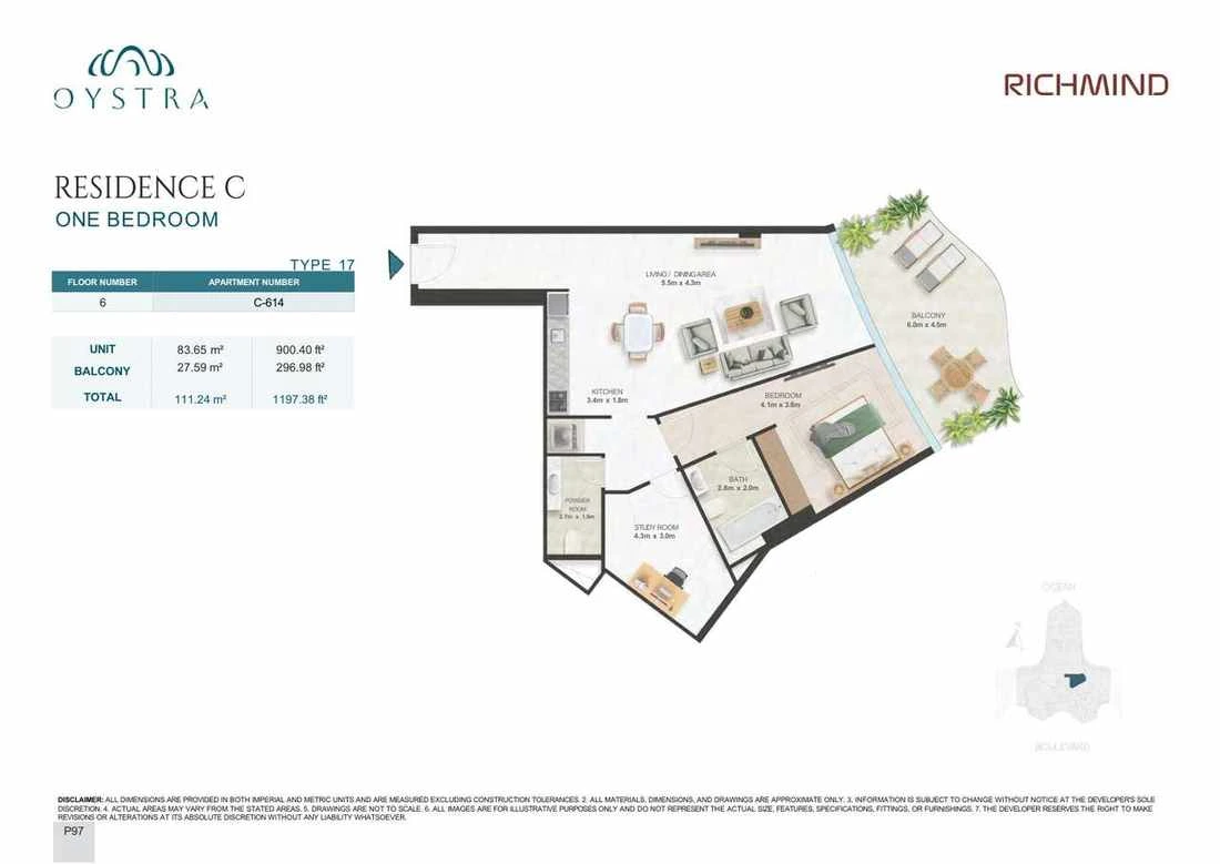 Oystra 1-bedroom Type 17 apartment, Apartment C-614, Floor 6, Residence C, 1,197.38 sq ft floor plan.