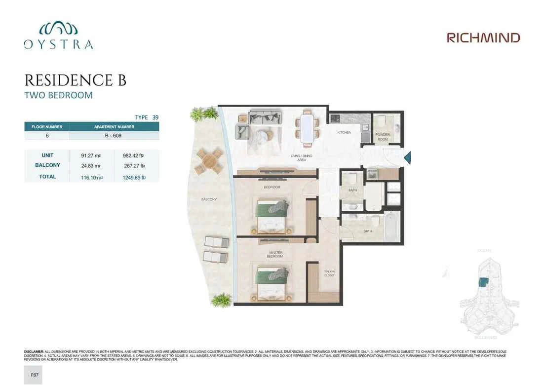 Oystra 2-bedroom Type 39 apartment, Apartment B-608, Floor 6, Residence B, 1,249.69 sq ft floor plan.
