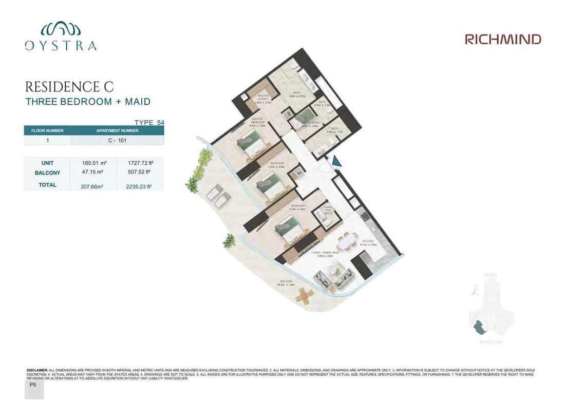 Oystra 3-bedroom Type 54 apartment with maid's room, Apartment C-101, Floor 1, Residence C, 2,235.23 sq ft floor plan.