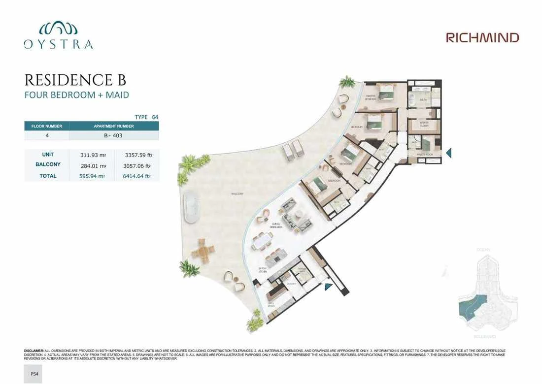 Oystra 4-bedroom Type 64 apartment with maid's room, Apartment B-403, Floor 4, Residence B, 6,414.64 sq ft floor plan.