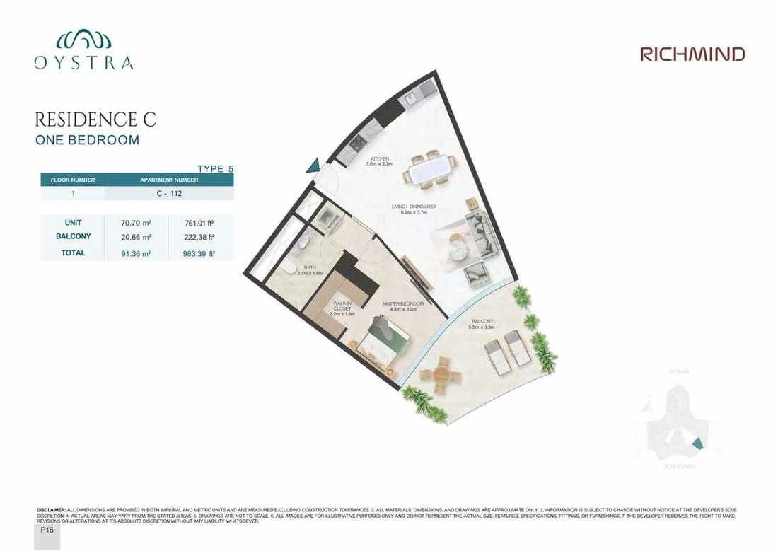 Oystra 1-bedroom Type 5 apartment, Apartment C-112, Floor 1, Residence C, 983.39 sq ft floor plan.