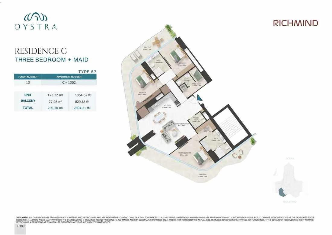 Oystra 3-bedroom Type 5 apartment with maid's room, Apartment C-1302, Floor 13, Residence C, 2,694.21 sq ft floor plan.