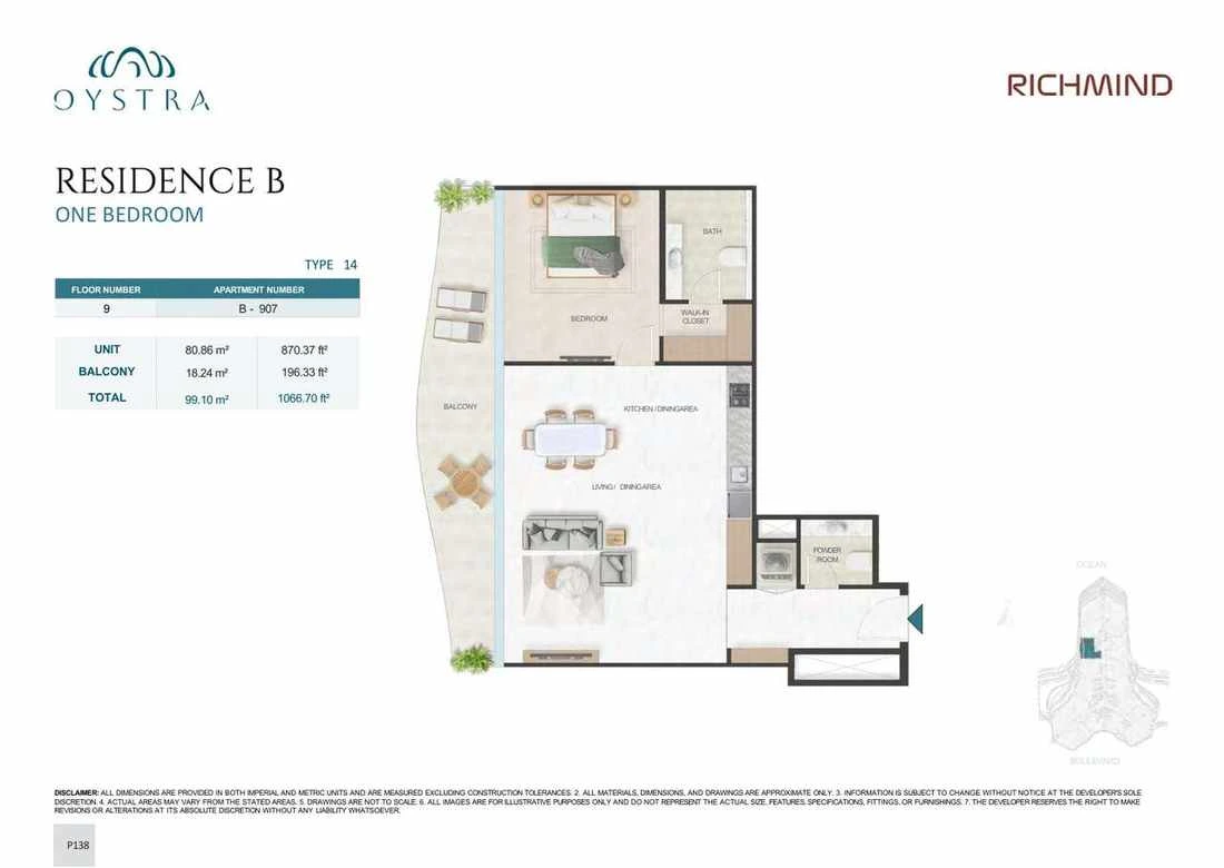Oystra 1-bedroom Type 14 apartment, Apartment B-907, Floor 9, Residence B, 1,066.70 sq ft floor plan.