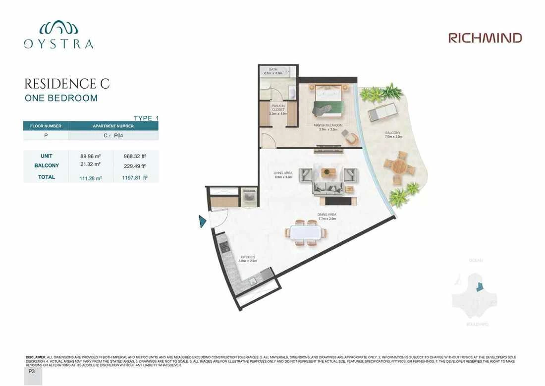 Oystra 1-bedroom Type 1 apartment, Apartment C-P04, Podium, Residence C, 1,197.81 sq ft floor plan.