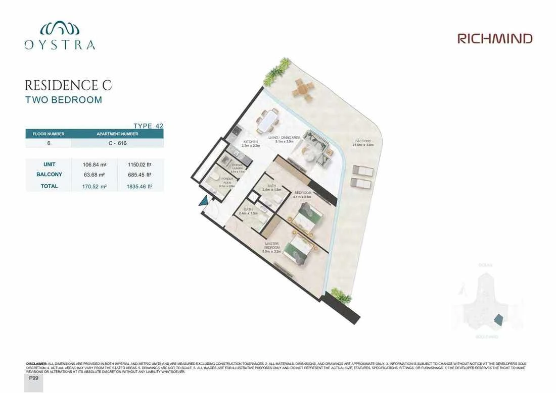 Oystra 2-bedroom Type 42 apartment, Apartment C-616, Floor 6, Residence C, 1,835.46 sq ft floor plan.