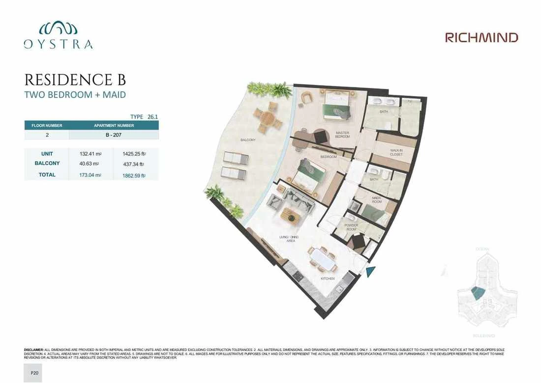 Oystra 2-bedroom Type 26.1 apartment with maid's room, Apartment B-207, Floor 2, Residence B, 1,862.59 sq ft floor plan.