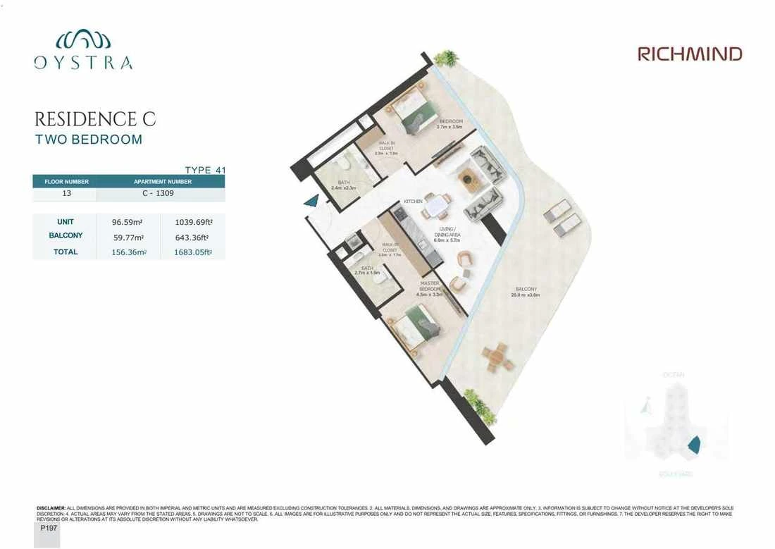 Oystra 2-bedroom Type 41 apartment, Apartment C-1309, Floor 13, Residence C, 1,683.05 sq ft floor plan.