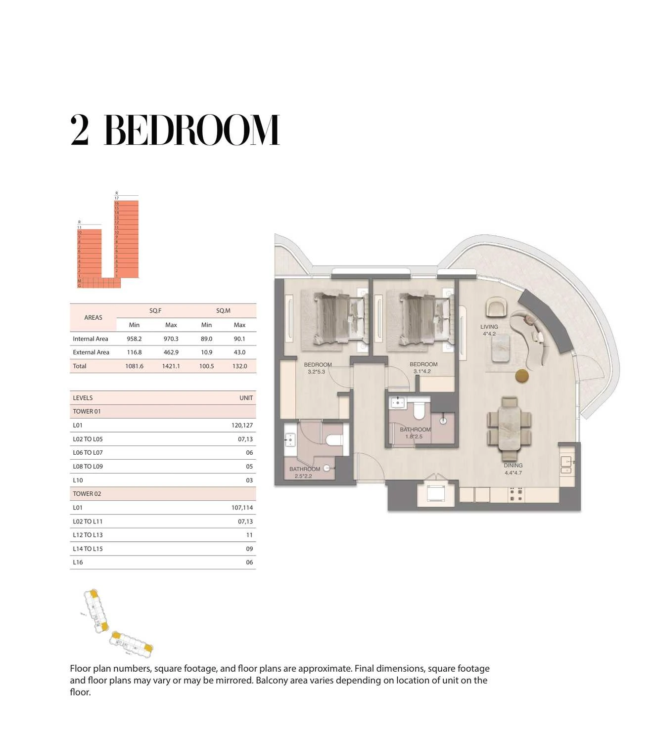 Mirasol 2-bedroom apartment, Tower 01, 1081.6-1421.1 sq ft floor plan.