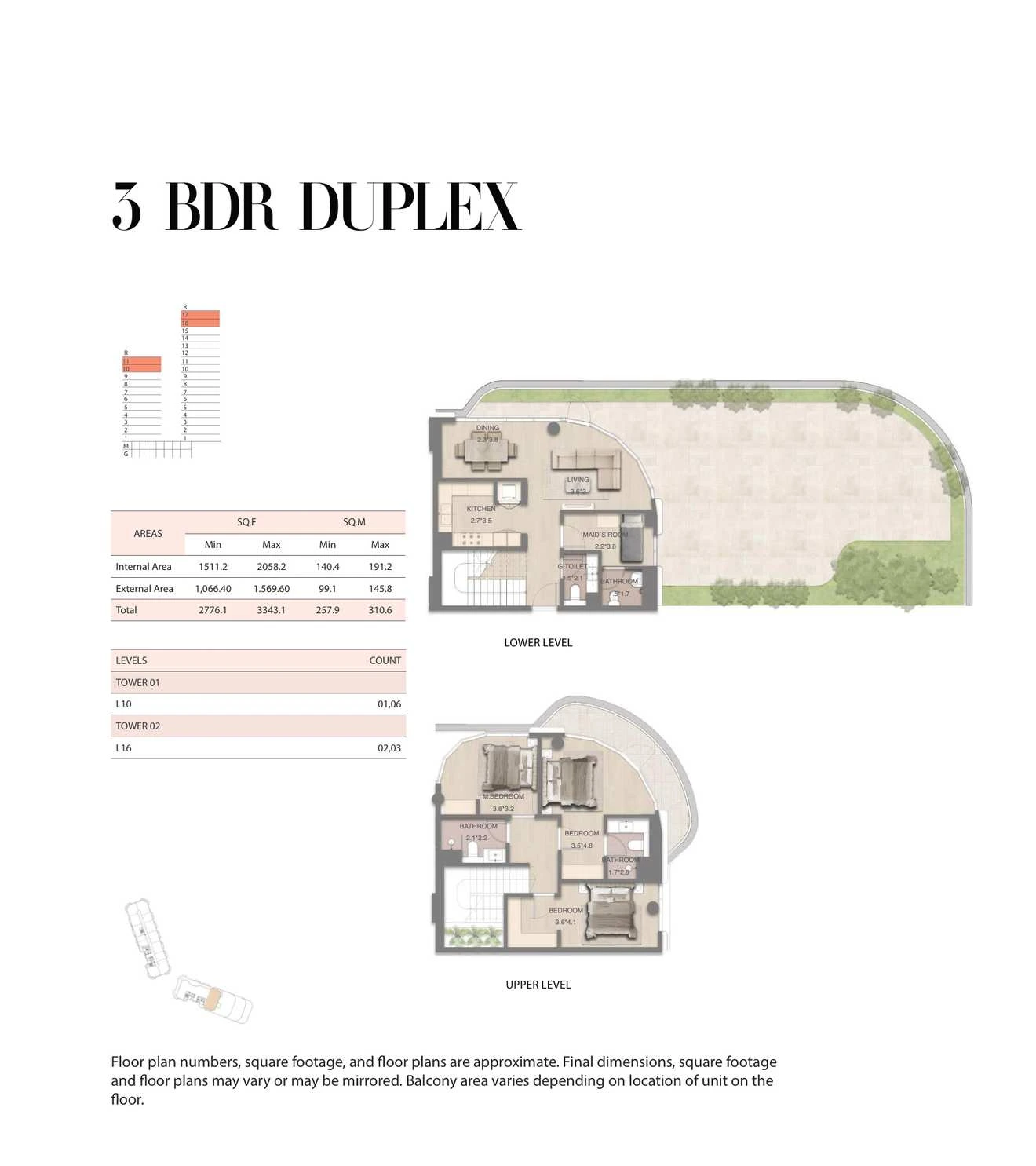 Mirasol 3-bedroom Units 01 and 06 duplex, Tower 01, 2776.1-3343.1 sq ft floor plan.
