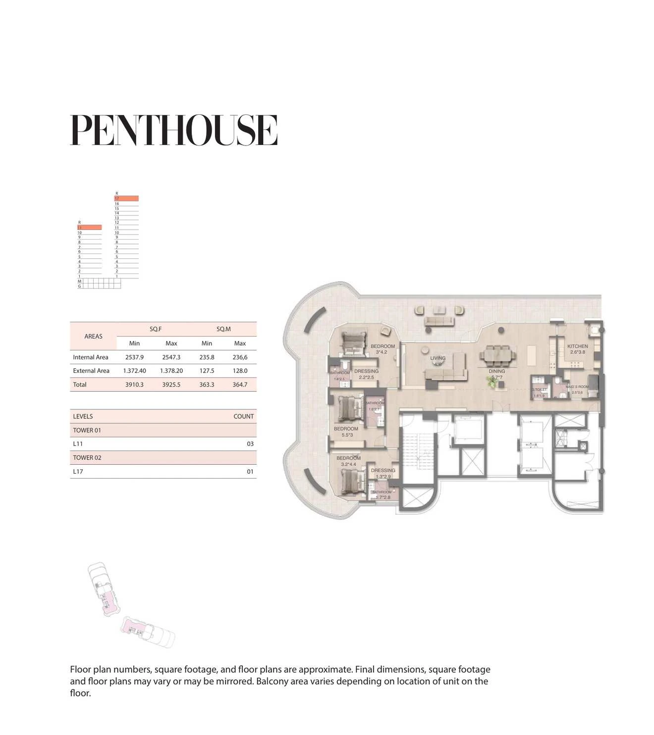 Mirasol 3-bedroom penthouse, Tower 01, 3910.3-3925.5 sq ft floor plan.