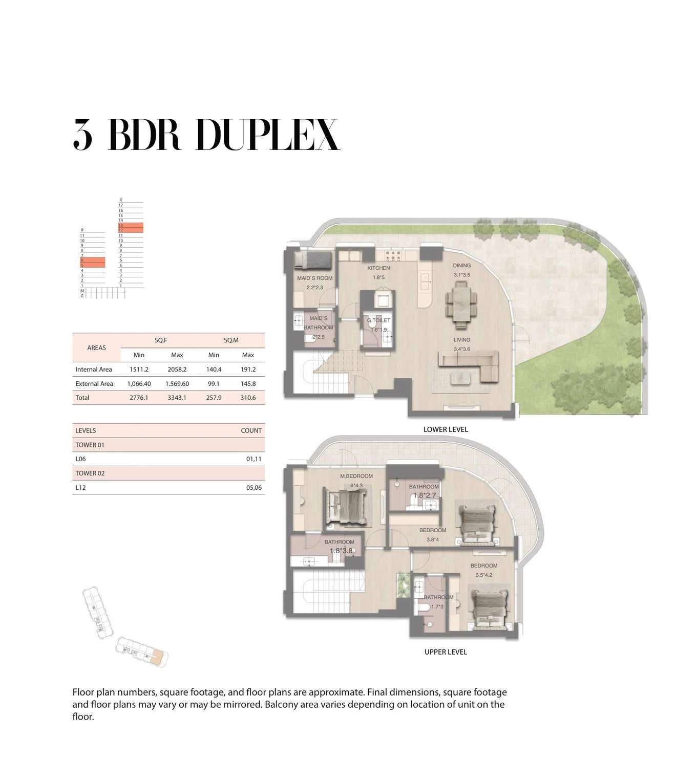 Mirasol 3-bedroom Units 01 and 11 duplex, Tower 01, 2776.1-3343.1 sq ft floor plan.