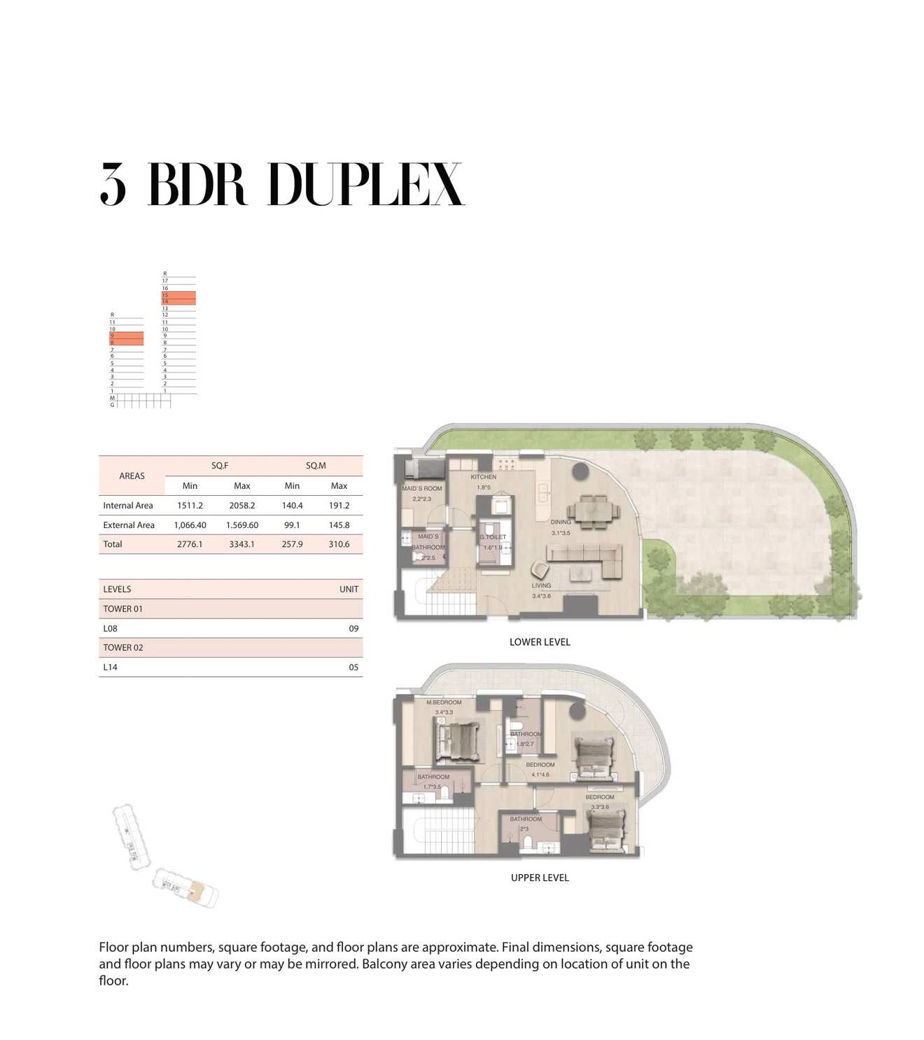 Mirasol 3-bedroom Unit 05 duplex, Tower 02, 2776.1-3343.1 sq ft floor plan.