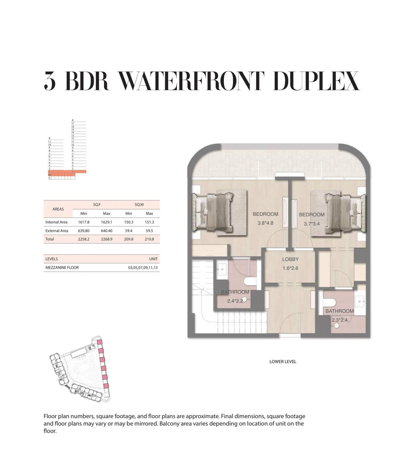 Mirasol 3-bedroom Waterfront duplex, Lower Level, 2258.2-2268.9 sq ft floor plan.
