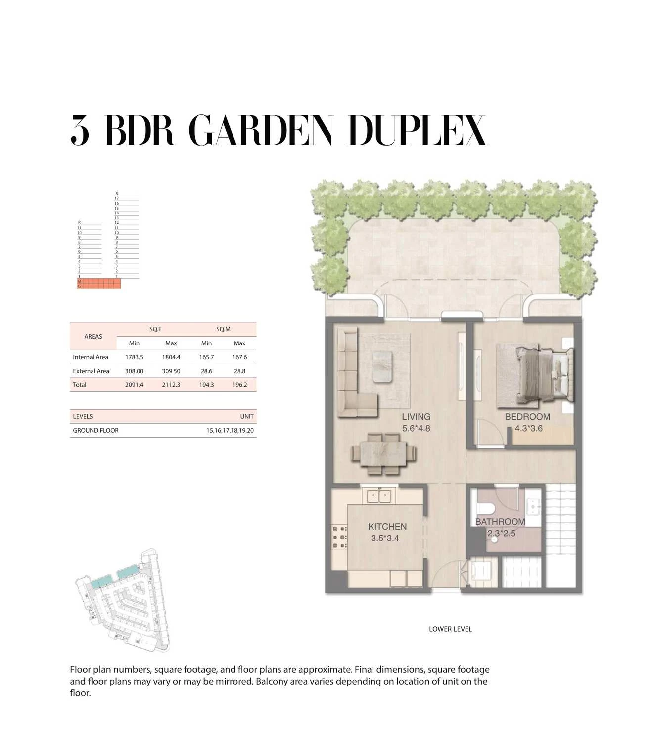 Mirasol 3-bedroom Garden duplex, Lower Level, 2091.4-2112.3 sq ft floor plan.