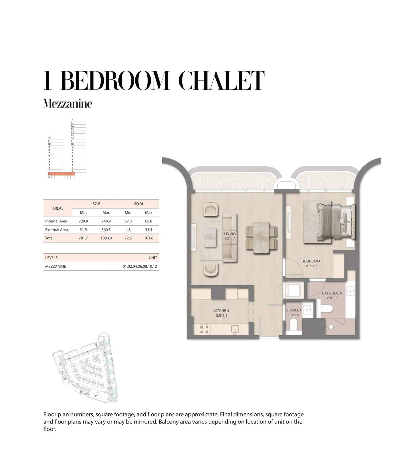 Mirasol 1-bedroom Chalet Mezzanine apartment, 781.7-1093.9 sq ft floor plan.