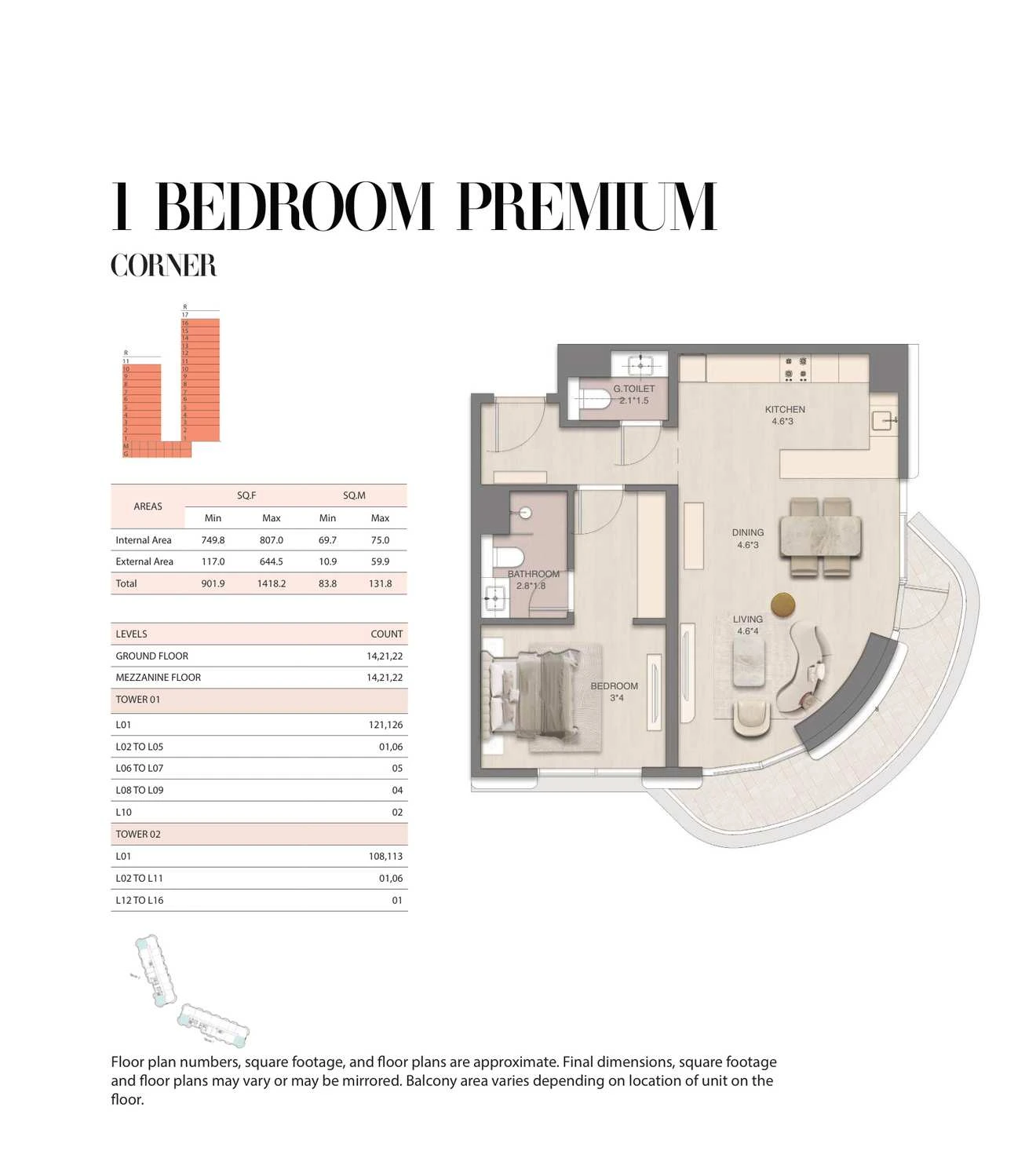 Mirasol 1-bedroom Premium Corner apartment, Tower 02, 901.9-1418.2 sq ft floor plan.