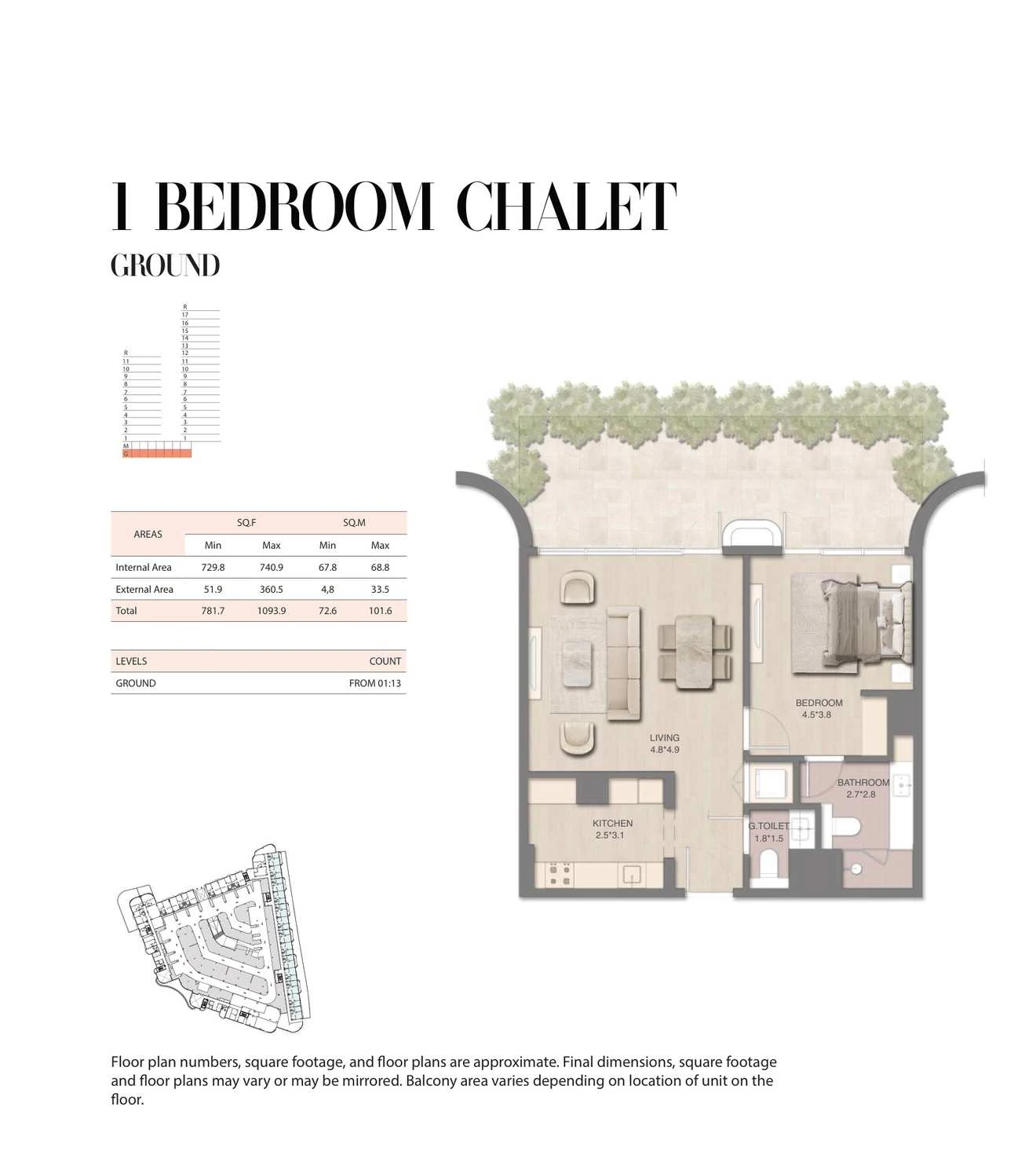 Mirasol 1-bedroom Chalet Ground apartment, 781.7-1093.9 sq ft floor plan.