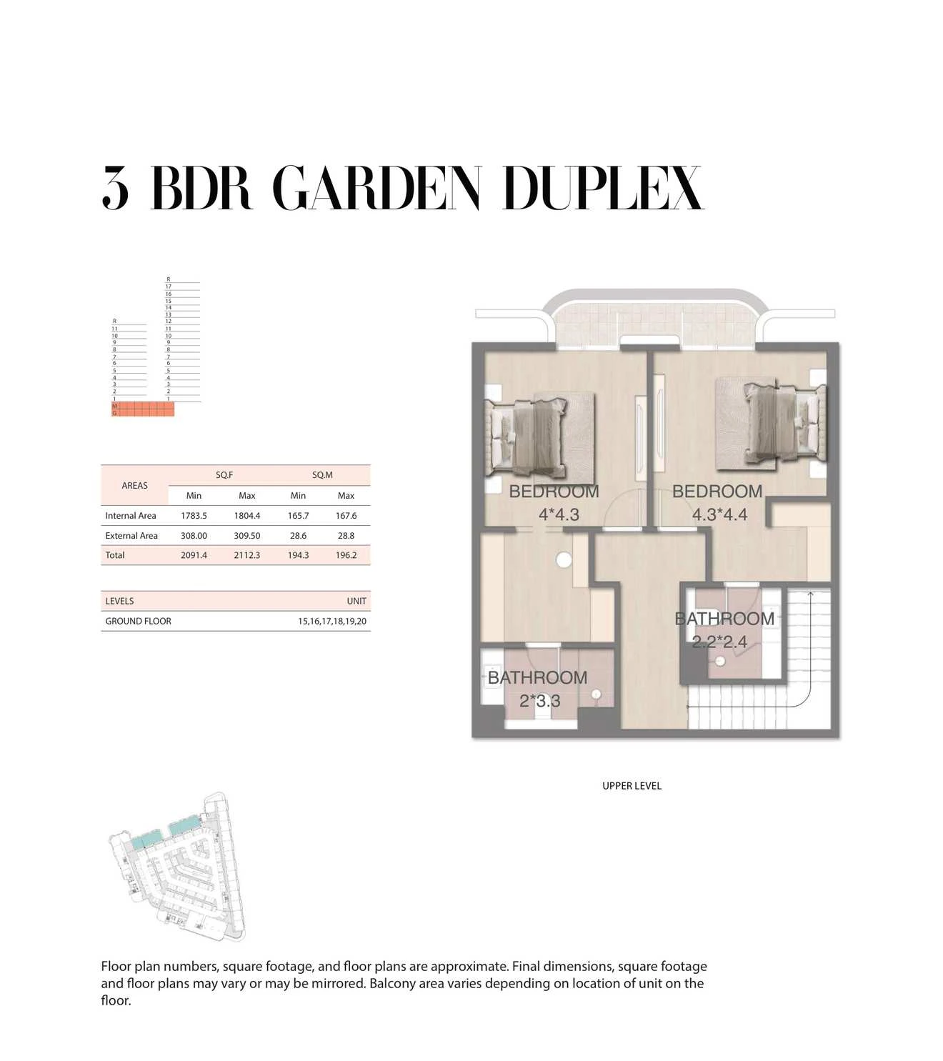 Mirasol 3-bedroom Garden duplex, Upper Level, 2091.4-2112.3 sq ft floor plan.