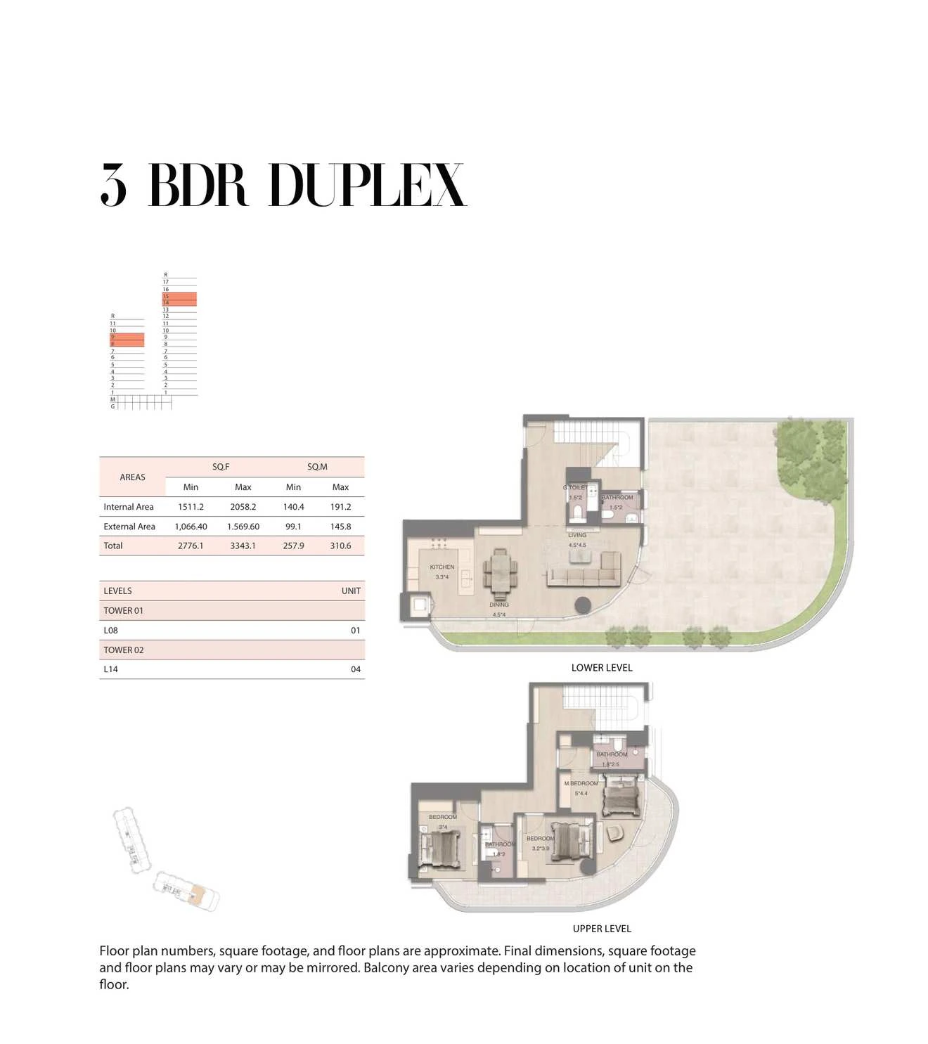 Mirasol 3-bedroom Unit 04 duplex, Tower 02, 2776.1-3343.1 sq ft floor plan.