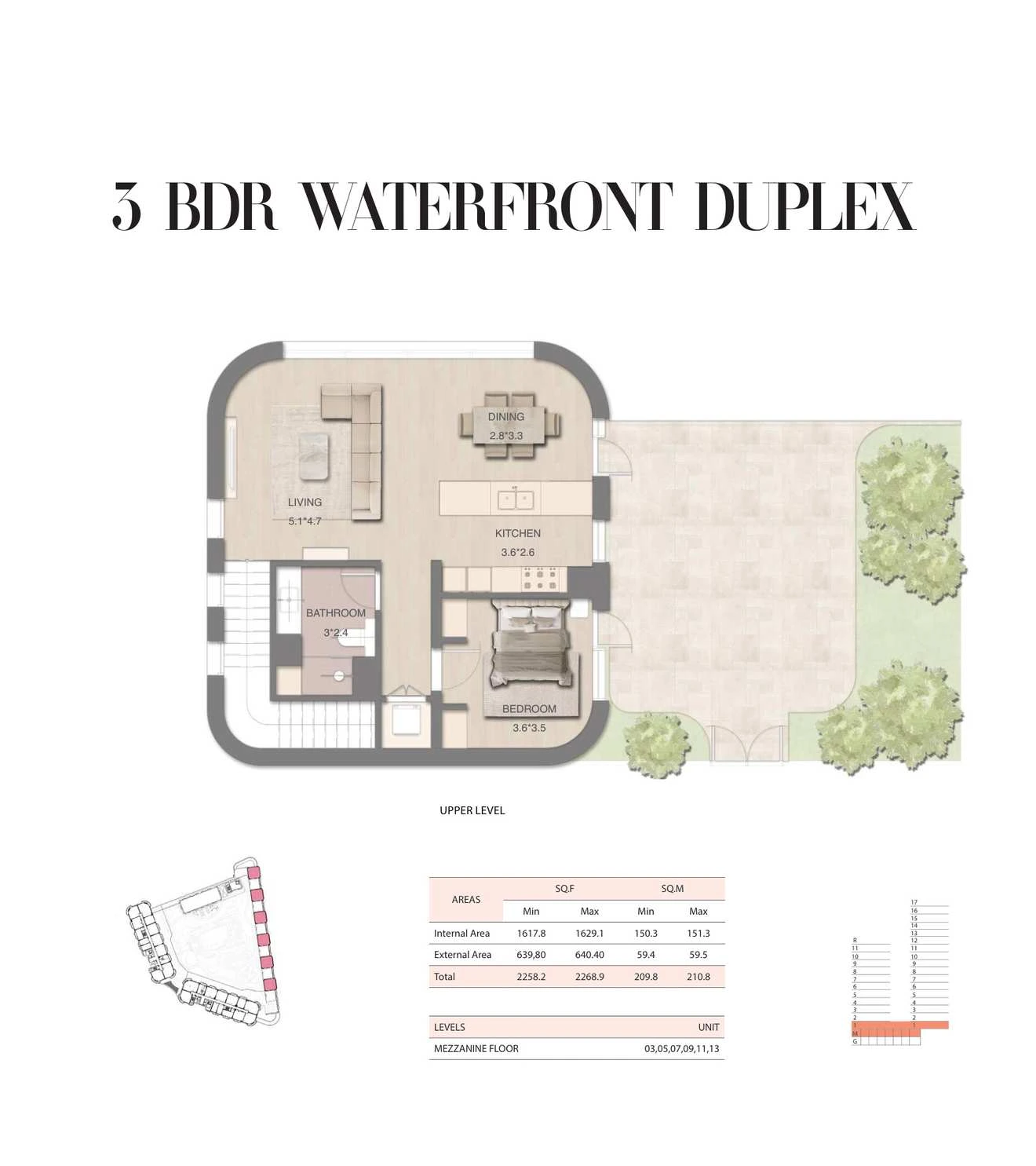 Mirasol 3-bedroom Waterfront duplex, Upper Level, 2258.2-2268.9 sq ft floor plan.