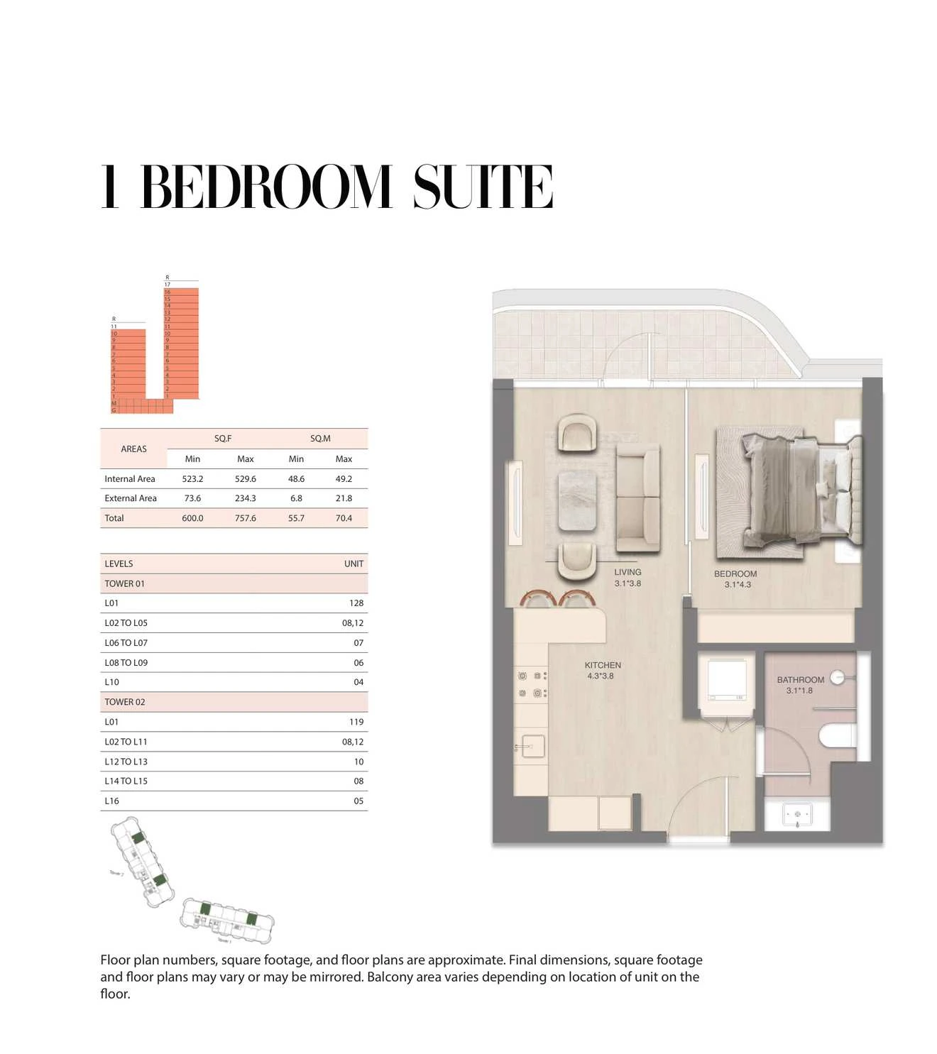 Mirasol 1-bedroom Suite apartment, Tower 01, 600-757.6 sq ft floor plan.