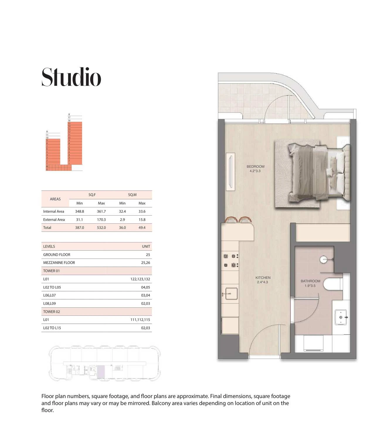 Mirasol studio apartment, Tower 01, 387-532 sq ft floor plan.
