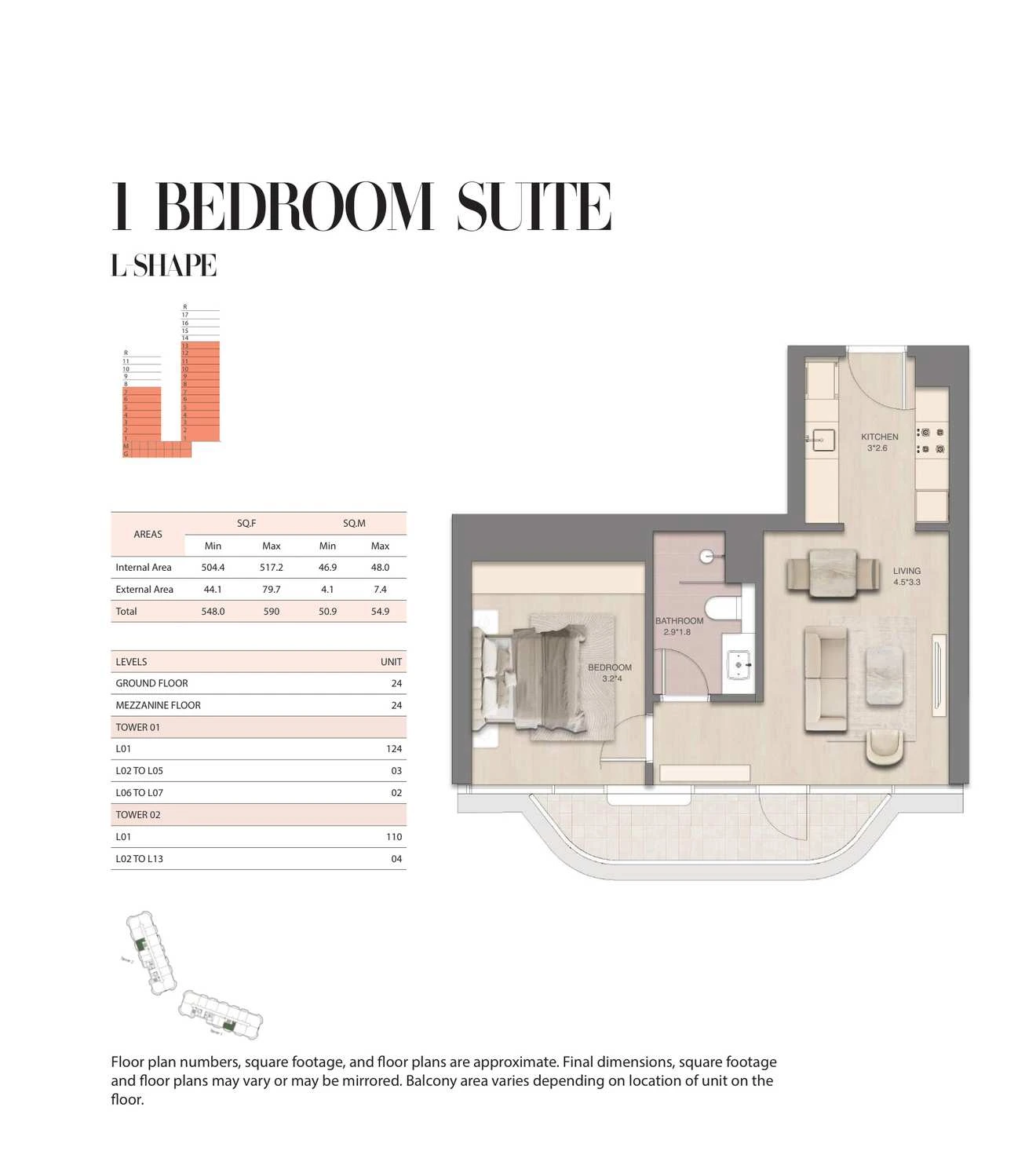 Mirasol 1-bedroom Suite L-Shape apartment, Tower 01, 548-590 sq ft floor plan.
