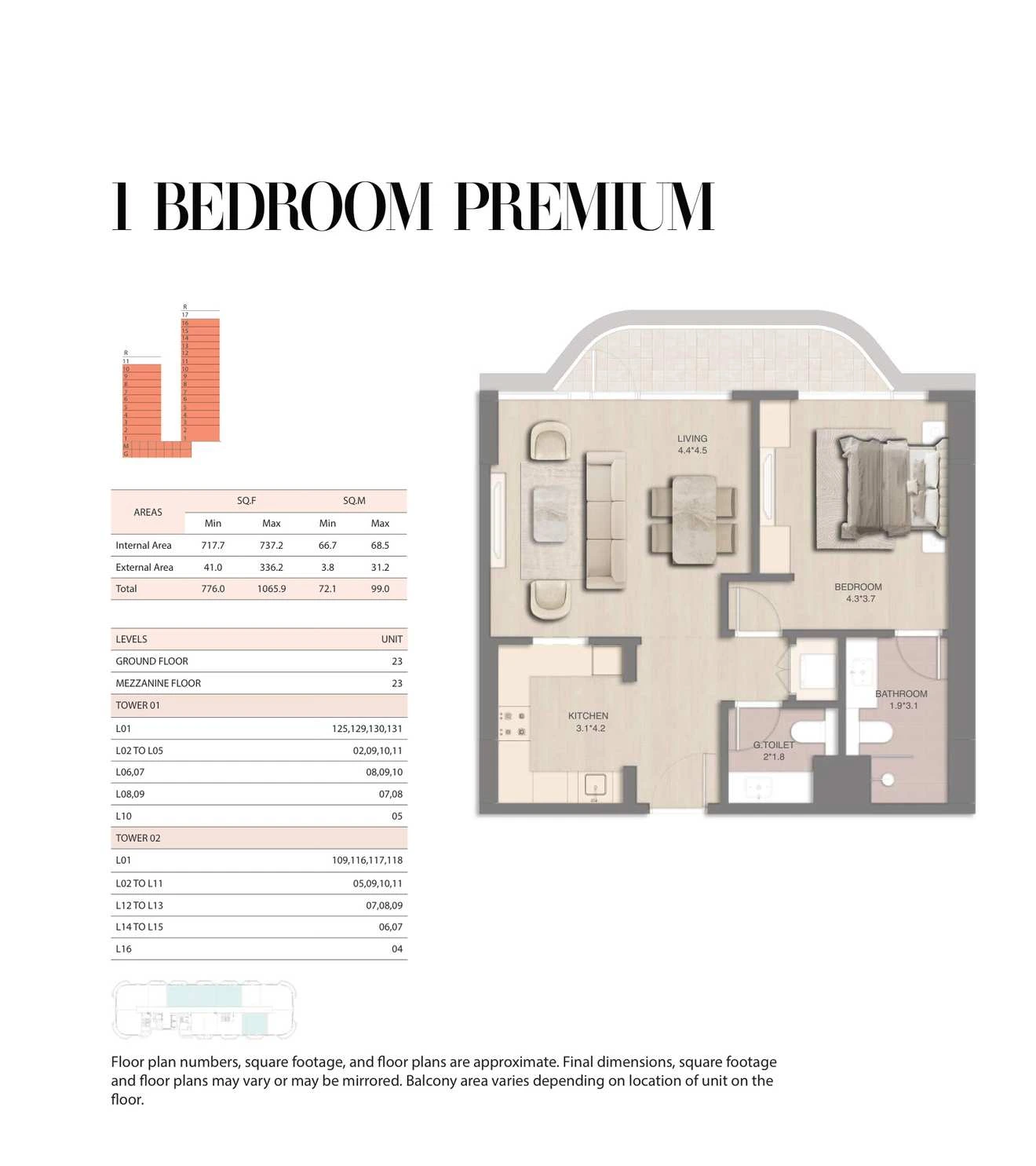 Mirasol 1-bedroom Premium apartment, Tower 01, 776-1065.9 sq ft floor plan.