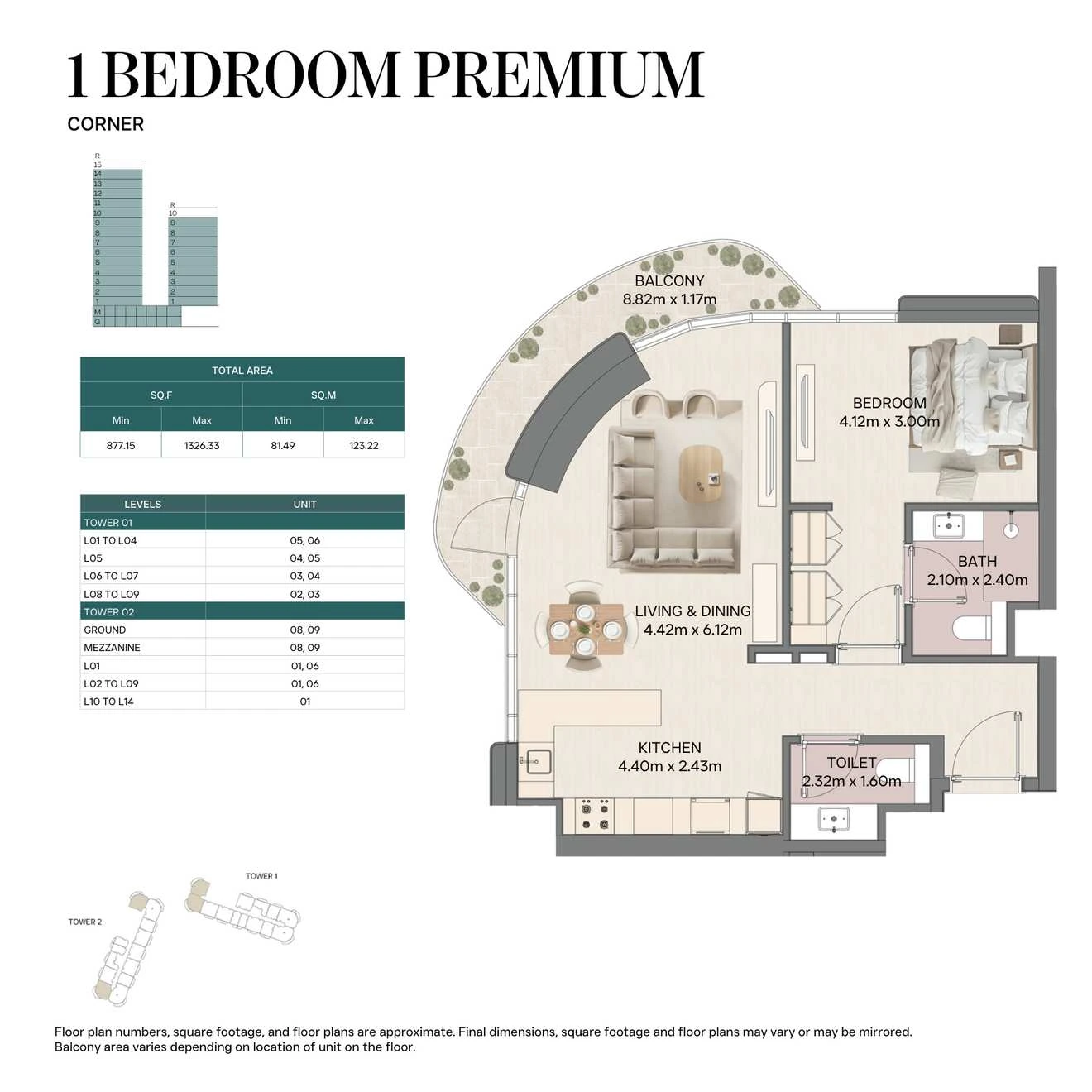 Mirasol II 1-bedroom Premium Corner apartment, Tower 01, 877.15-1326.33 sq ft floor plan.