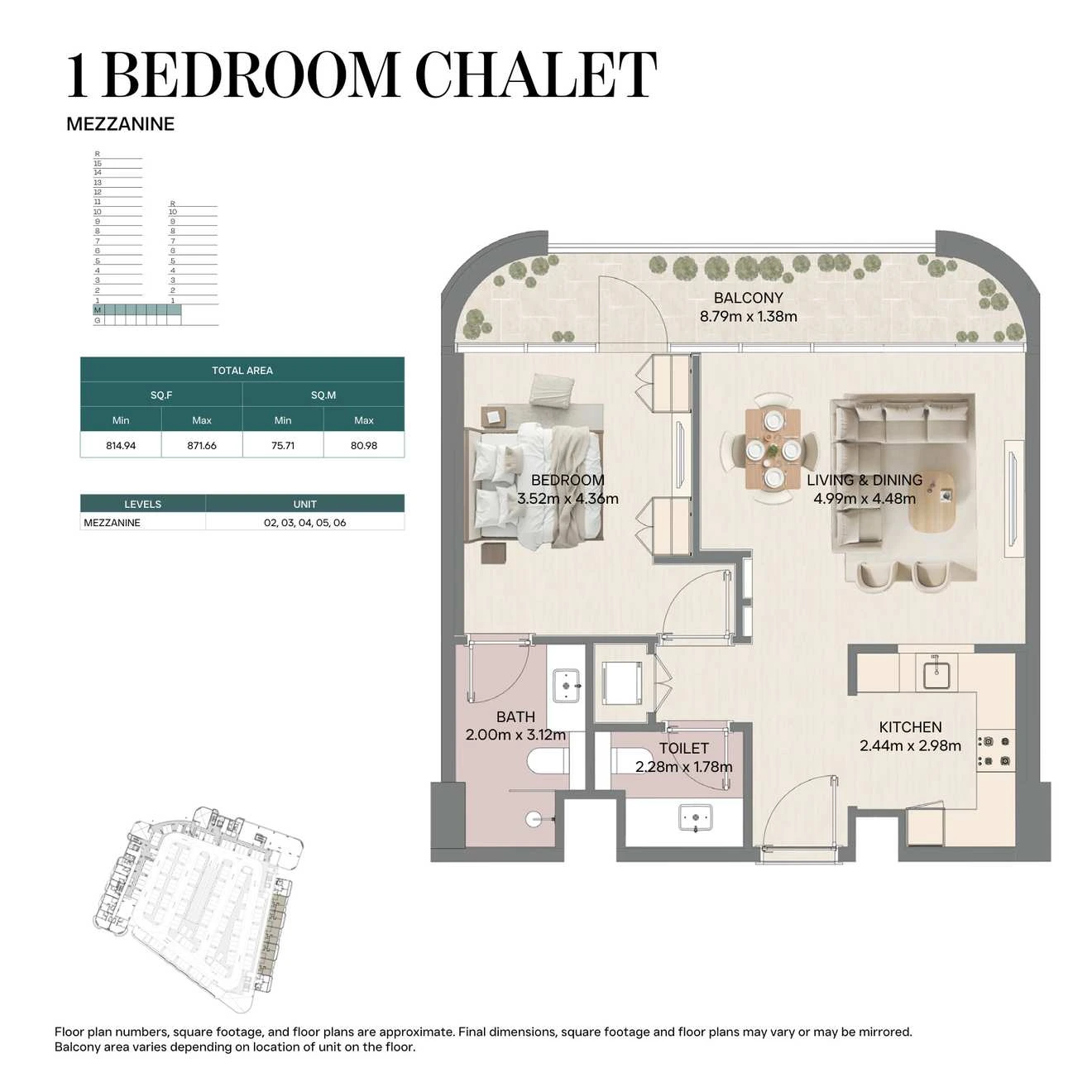Mirasol II 1-bedroom Chalet Mezzanine apartment, 814.94-871.66 sq ft floor plan.