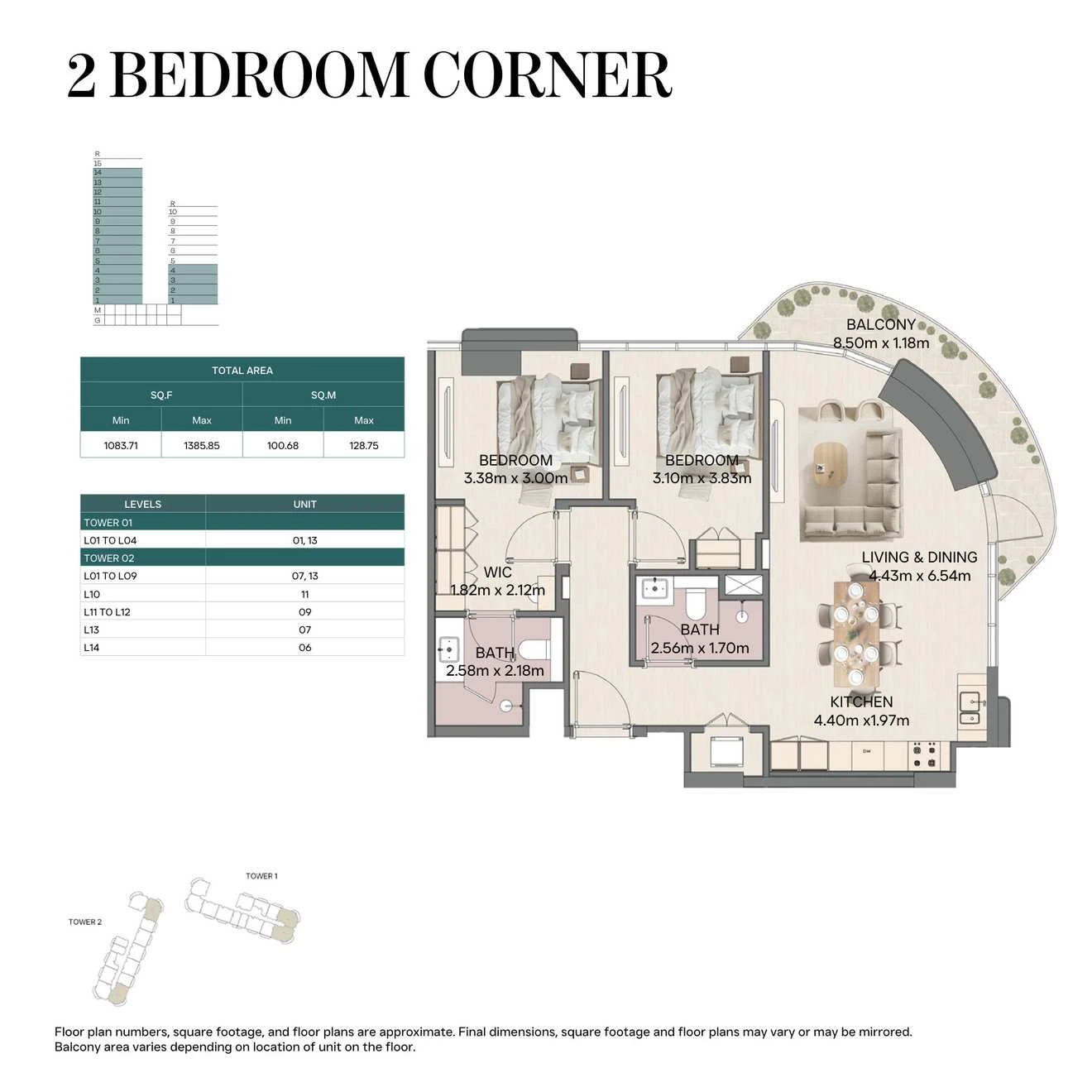 Mirasol II 2-bedroom Corner apartment, Tower 01, 1083.71-1385.85 sq ft floor plan.