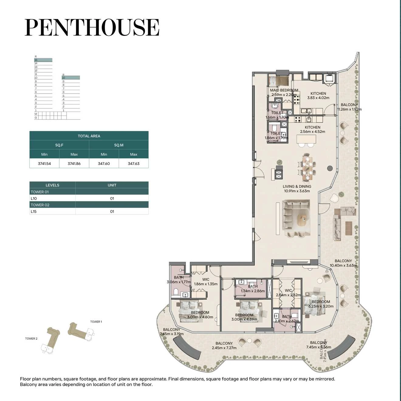 Mirasol II 3-bedroom penthouse, Tower 01, 3741.54-3741.86 sq ft floor plan.
