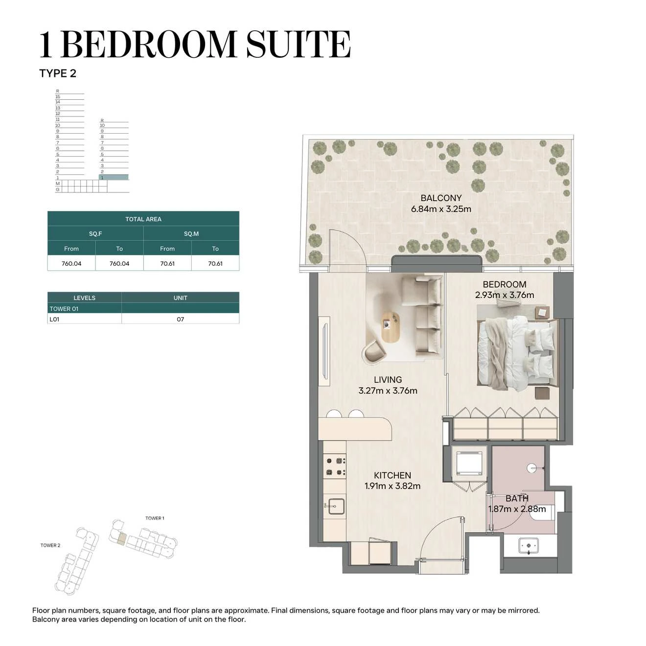 Mirasol II 1-bedroom Suite Type 2 apartment, Tower 01, 760.04-760.04 sq ft floor plan.