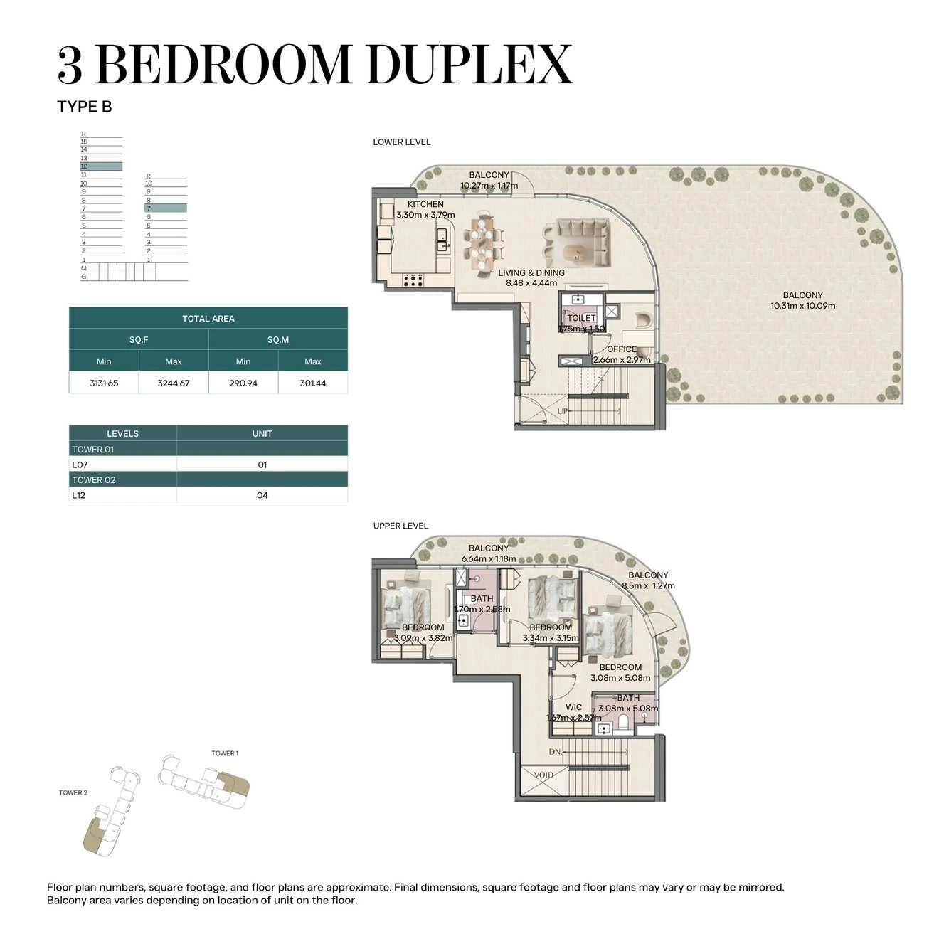 Mirasol II 3-bedroom Type B duplex, Tower 02, 3131.65-3244.67 sq ft floor plan.
