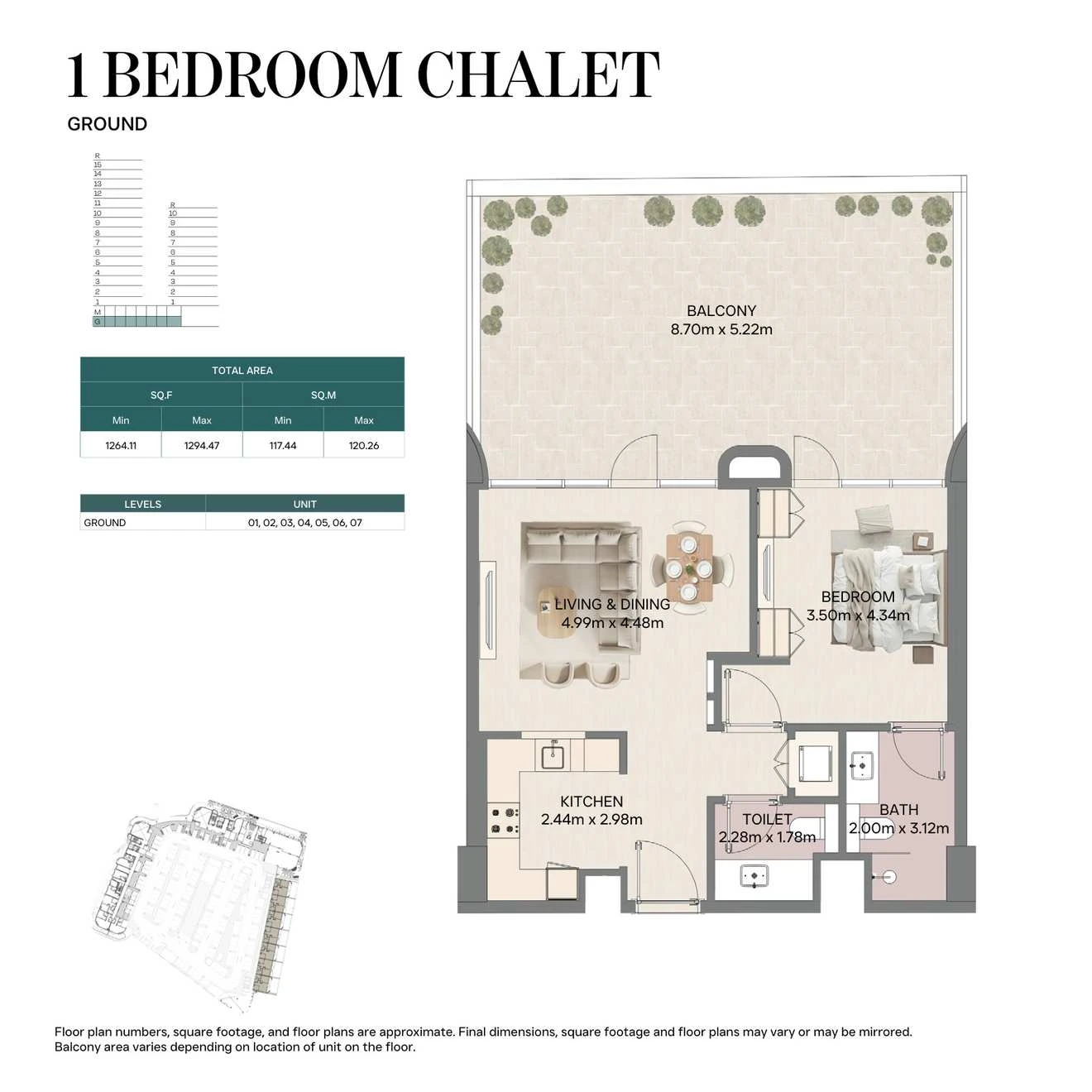 Mirasol II 1-bedroom Chalet Ground apartment, 1264.11-1294.47 sq ft floor plan.