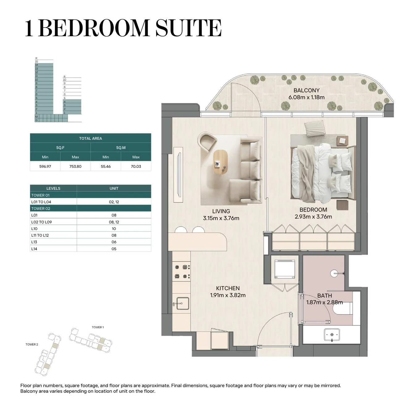 Mirasol II 1-bedroom Suite apartment, Tower 01, 596.97-753.8 sq ft floor plan.